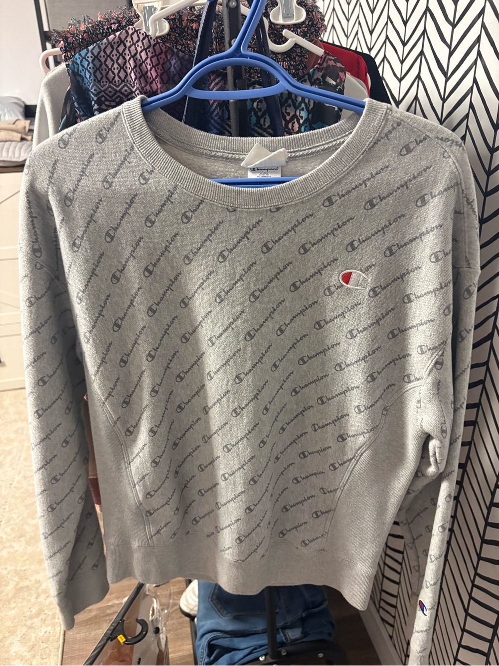 Champion Light Gray All-Over Logo Crewneck Sweater with Red Accent